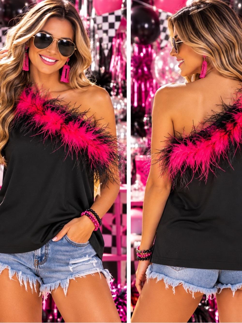 QUEEN OF SPARKLES One-Shoulder Black Tank with Feather Trim NWT